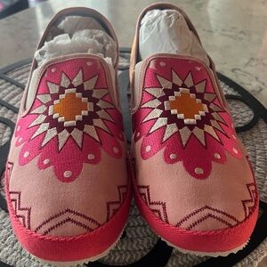 Pink and Red Beaded Leather Slip-On Loafers